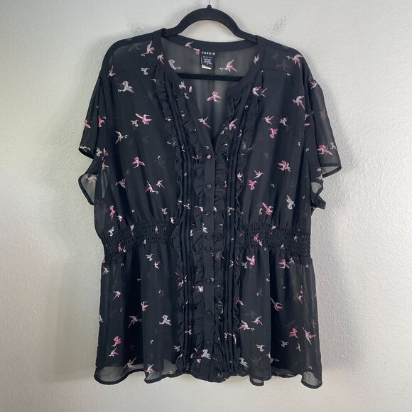 Torrid Womens Plus 3X Black Sheer Ruffle Front Hummingbird Tunic Top Blouse - Picture 1 of 8